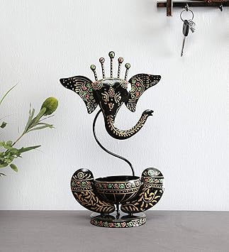 Medieval Arts Black Metal Ganesha Idol Deepak/Diya Stand