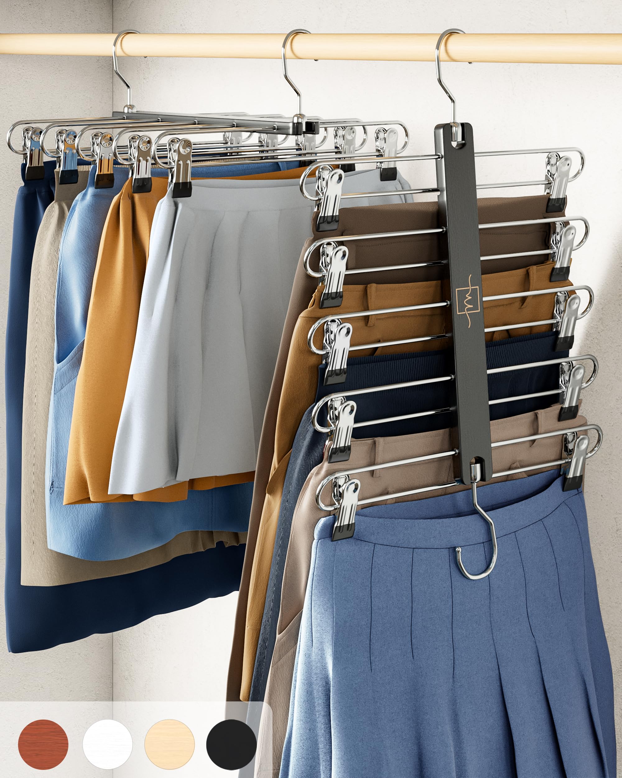 MORALVE Skirt Hangers Space Saving with Clips - 2 Pack - European Beechwood 5-Tier Hanger for Shorts, Skirts, and Trousers - Wardrobe Organizer and Storage Solution for Women with 360° Swivel Hook