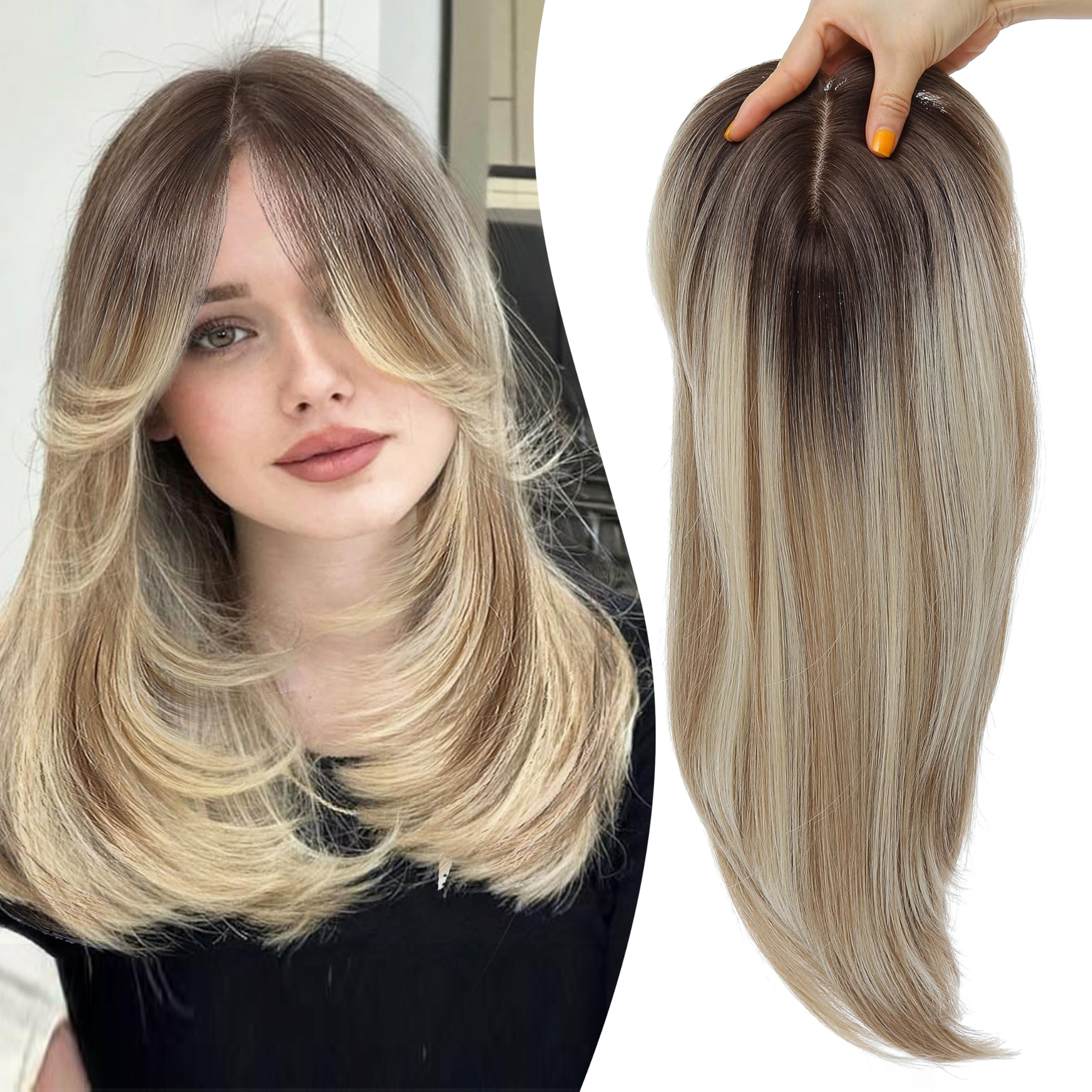 Photo 1 of Synthetic Hair Topper with Bangs 18 Inch Layered Toppers for Women with Thinning Hair 5.5" x 5" hand Tied Forehead Hairline 360° 3D Cover Wispy Synthetic Toppers Hair for Women Fiber Wiglets