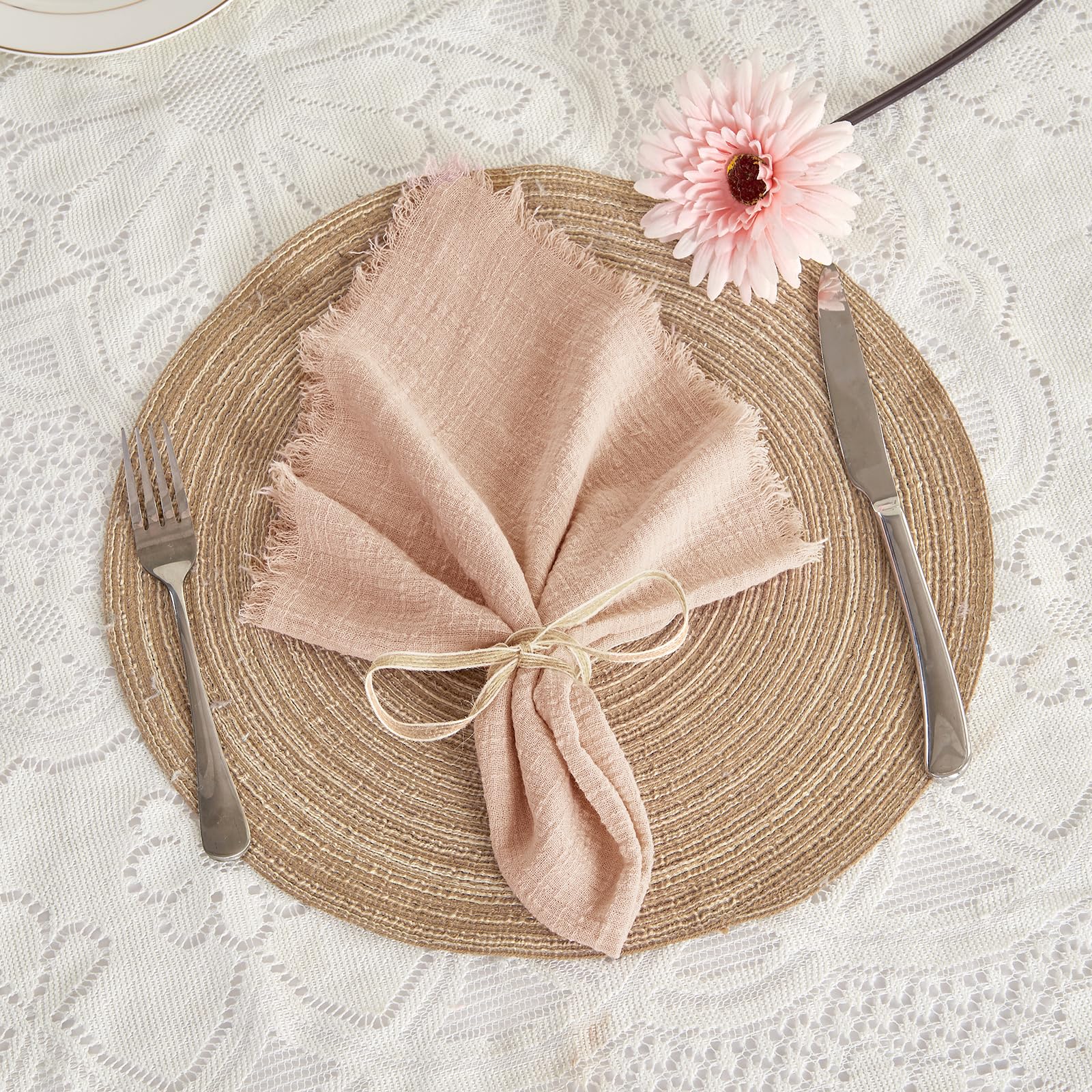BALCONY & FALCON Cloth Napkins 100% Cotton with Fringed Handmade Square Rustic Style Washable Napkins 12 Pack Pink 50 x 50 cm for Easter Thanksgiving Christmas Weddings Parties Banquets