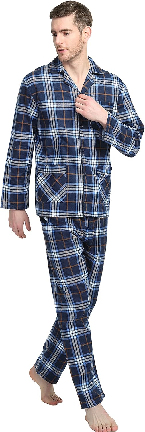 GLOBAL Mens Flannel Pajamas, 2-Piece Warm Pj Set at  Men’s Clothing store