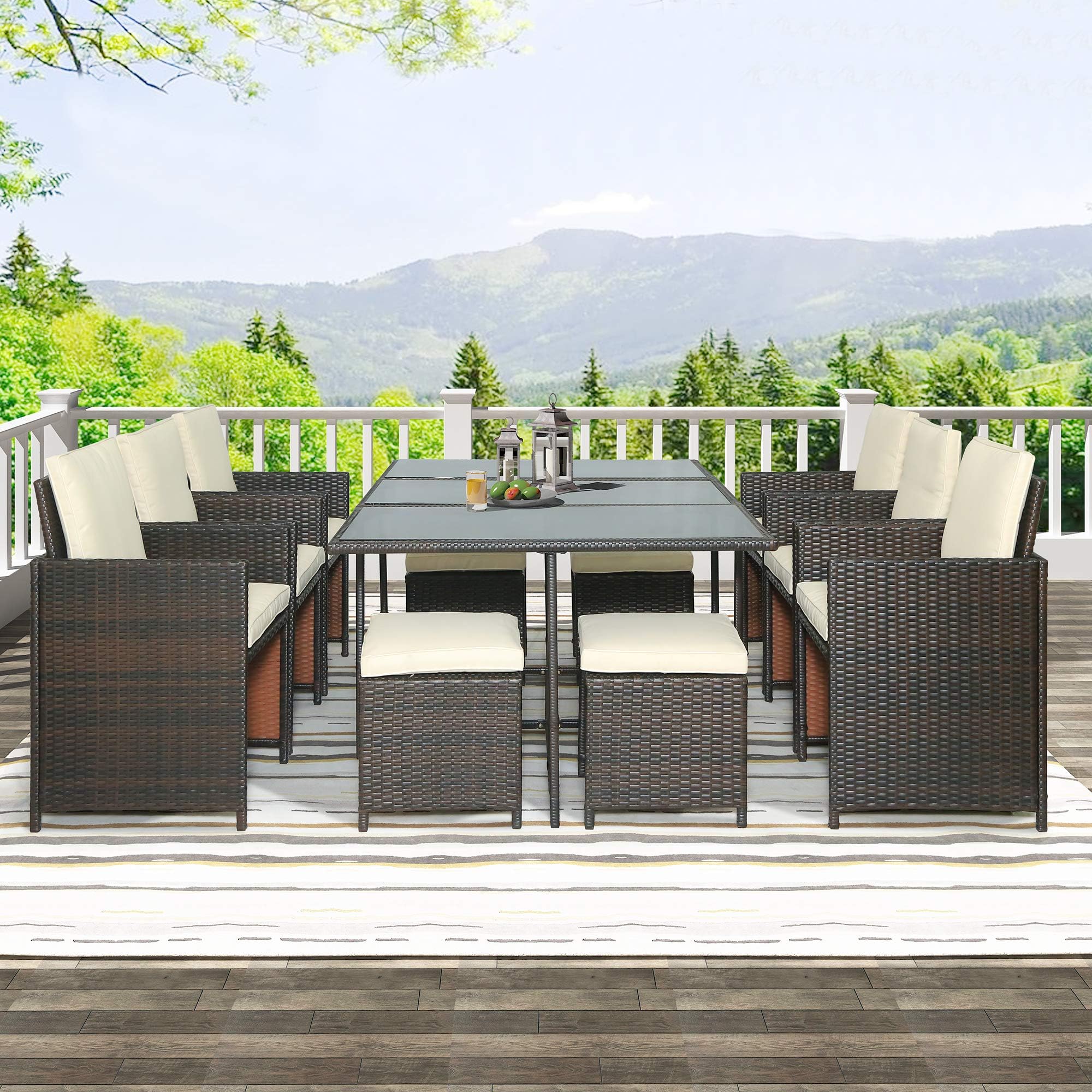 LZ LEISURE ZONEPatio Furniture Dining Set, 11 Piece Outdoor Garden Wicker Rattan Dining Table and Chairs Set, Patio Conversation Set, Brown+Beige