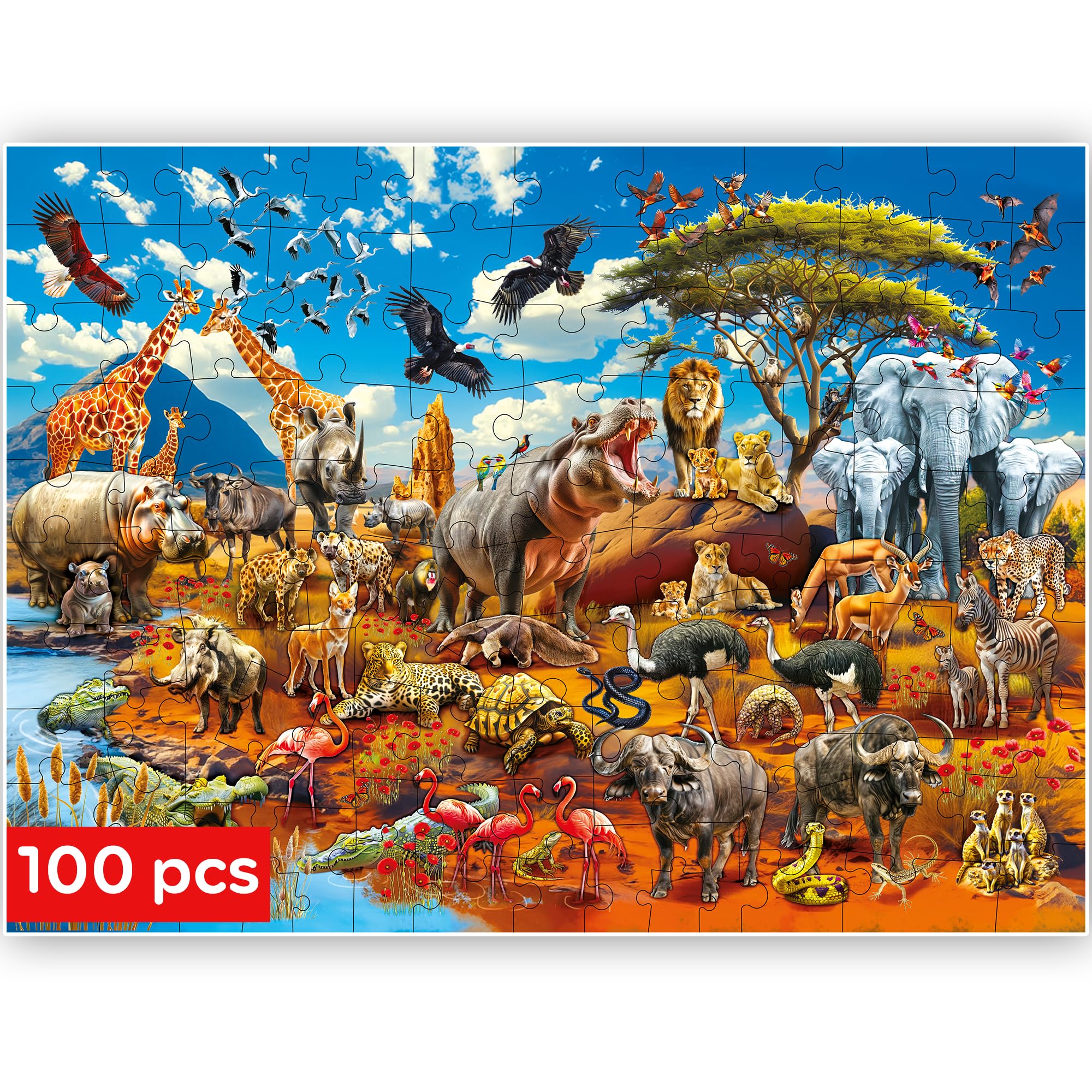 QUOKKA 100 Piece Jigsaw Puzzles For Children - Kids Puzzles For 3 4 Year Olds - Realistic Jigsaws for Children Age 5 6 - Toy for Learning Africa Animals - Boys and Girls Game Gift 7 8