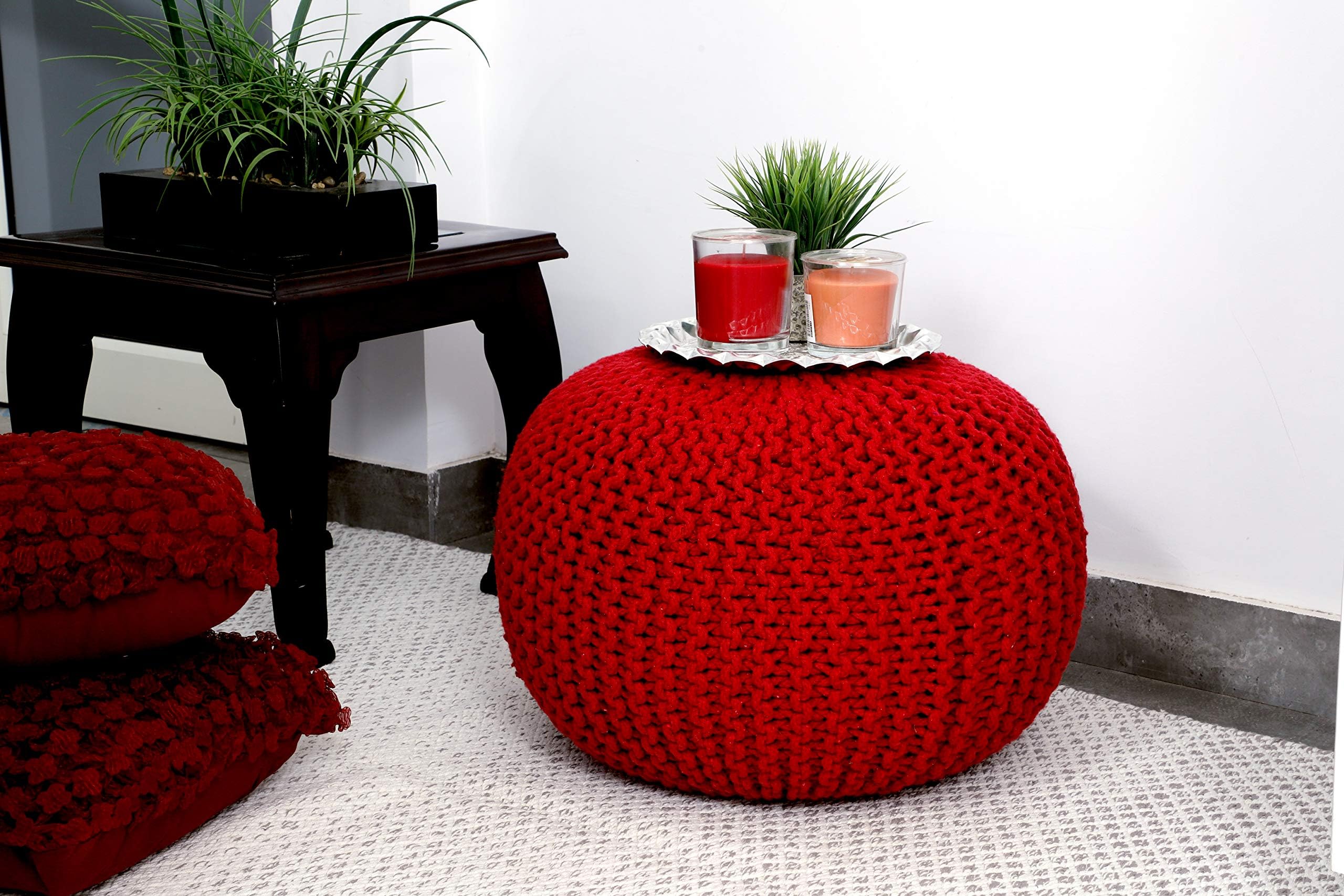 Fernish Decor Cotton Hand Knitted Pouf Ottoman Foot Stool for Bedroom, Living Room, 50x50x35 cm (Red)