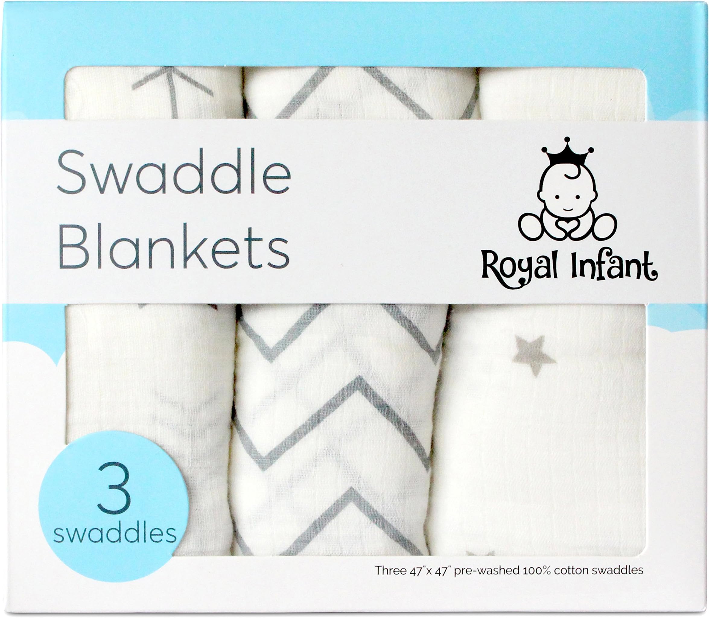 Royal Infant Muslin Swaddle Blanket, Nursing Cover, Sun Shade, Stroller Cover, Car Seat Cover, 100% Cotton, 3-Pack, Arrow, Chevron, Star (Soft Gray)