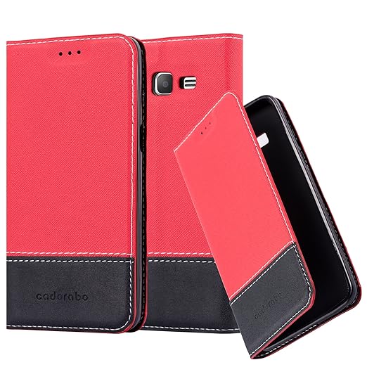 Cadorabo Hülle für Samsung Galaxy Grand Prime - Hülle in ROT SCHWARZ – Handyhülle mit Standfunktion und Kartenfach aus Einer 