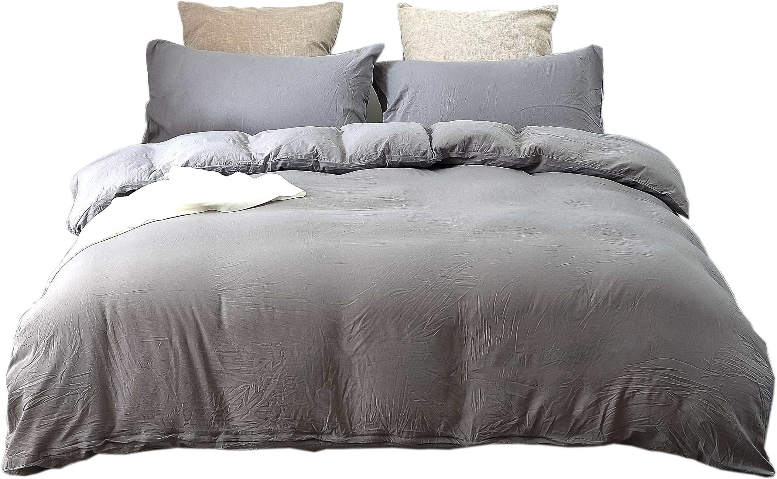 Neithera Duvet Cover Set King Size,3-Piece Nature Style Water-Washed Microfiber Bedding Set with Zipper and Corner Ties(Grey)