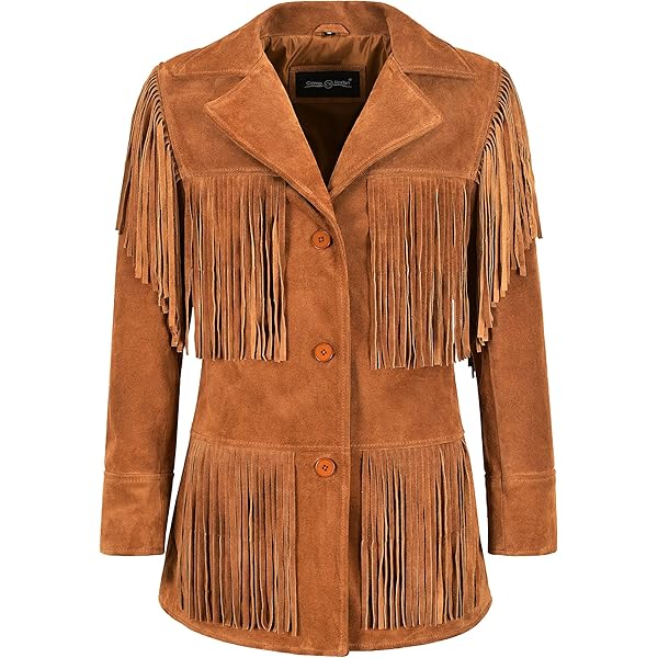 Women Western Fringes Leather Jacket Camel Classic Fringe Real