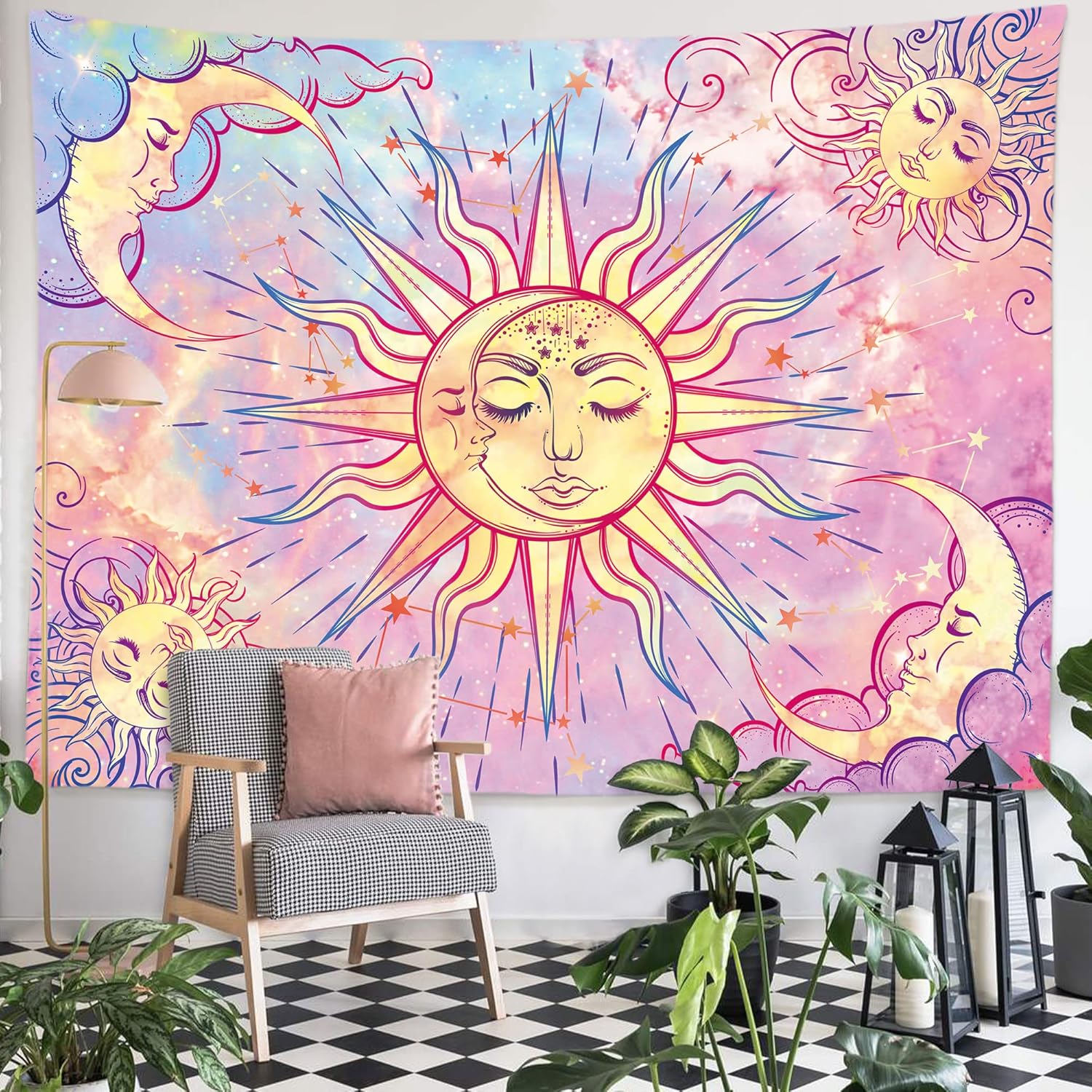 Tapestries - Ohjijinn Pastel Pink Tapestry Burning Sun Tapestry Mystic Tapestry Celestial Sun and Moon with Stars Tapestry Psychedelic Hippy Tie Dye Wall Hanging for Party Home Decor (Pastel, 51.2