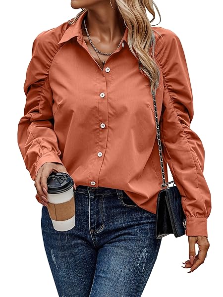 PRETTYGARDEN WOMEN’S 2024 FALL FASHION BUTTON DOWN SHIRTS RUCHED LONG SLEEVE BUSINESS CASUAL BLOUSE TOPS (ORANGE,SMALL)