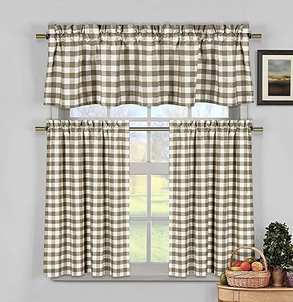 DUCK RIVER TEXTILES - Kingston Checkered Kitchen Window Curtain Tier Valance Set, 2 29 X 36 Inch | 1 58 X 15 Inch, Taupe & White