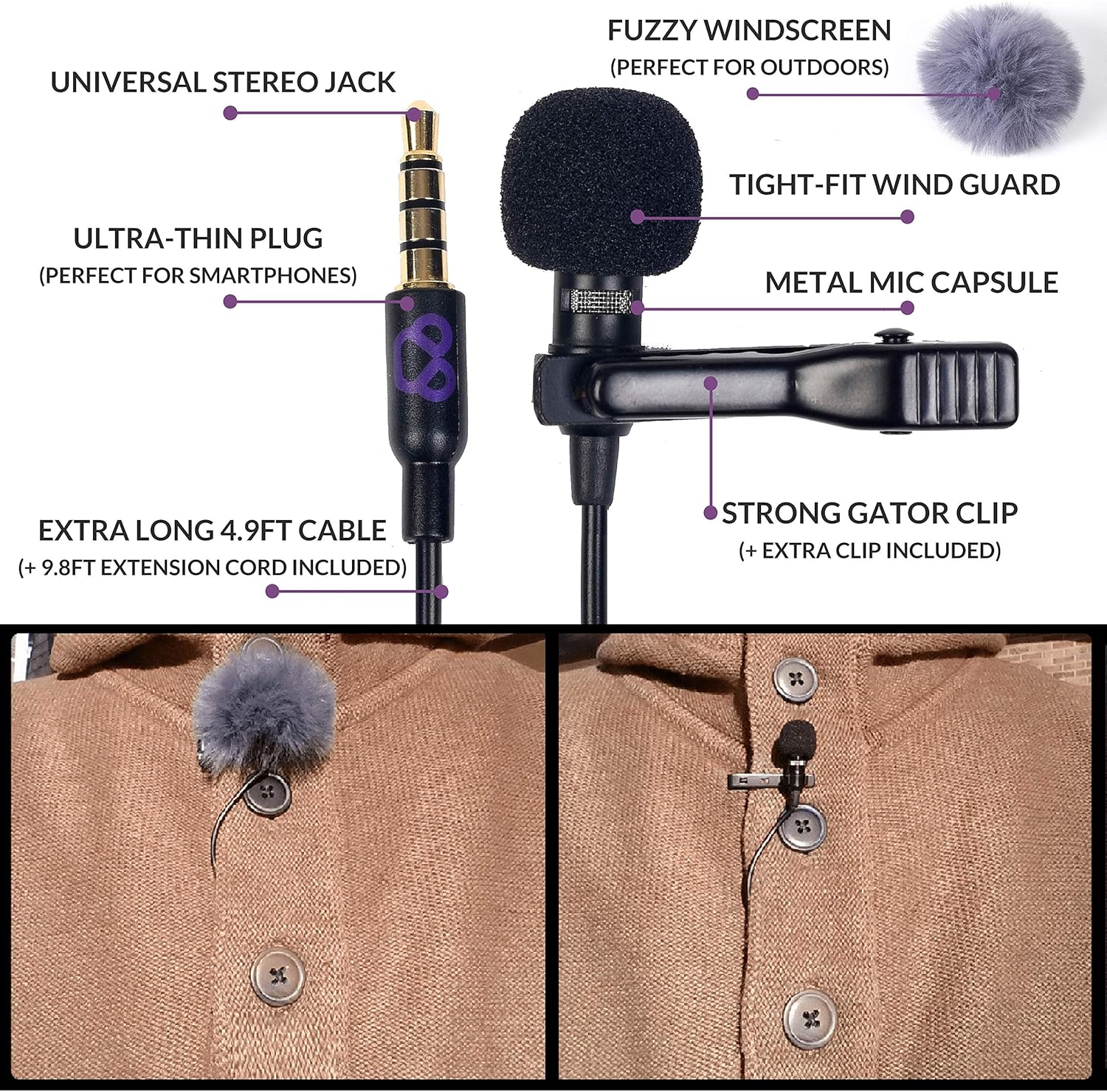 Purple Panda Lavalier Lapel Microphone Kit - Clip-on Omnidirectional Condenser Lav Mic Compatible with iPhone, iPad, GoPro, DSLR, Zoom/Tascam Recorder, Samsung, Android, PS4: Musical Instruments