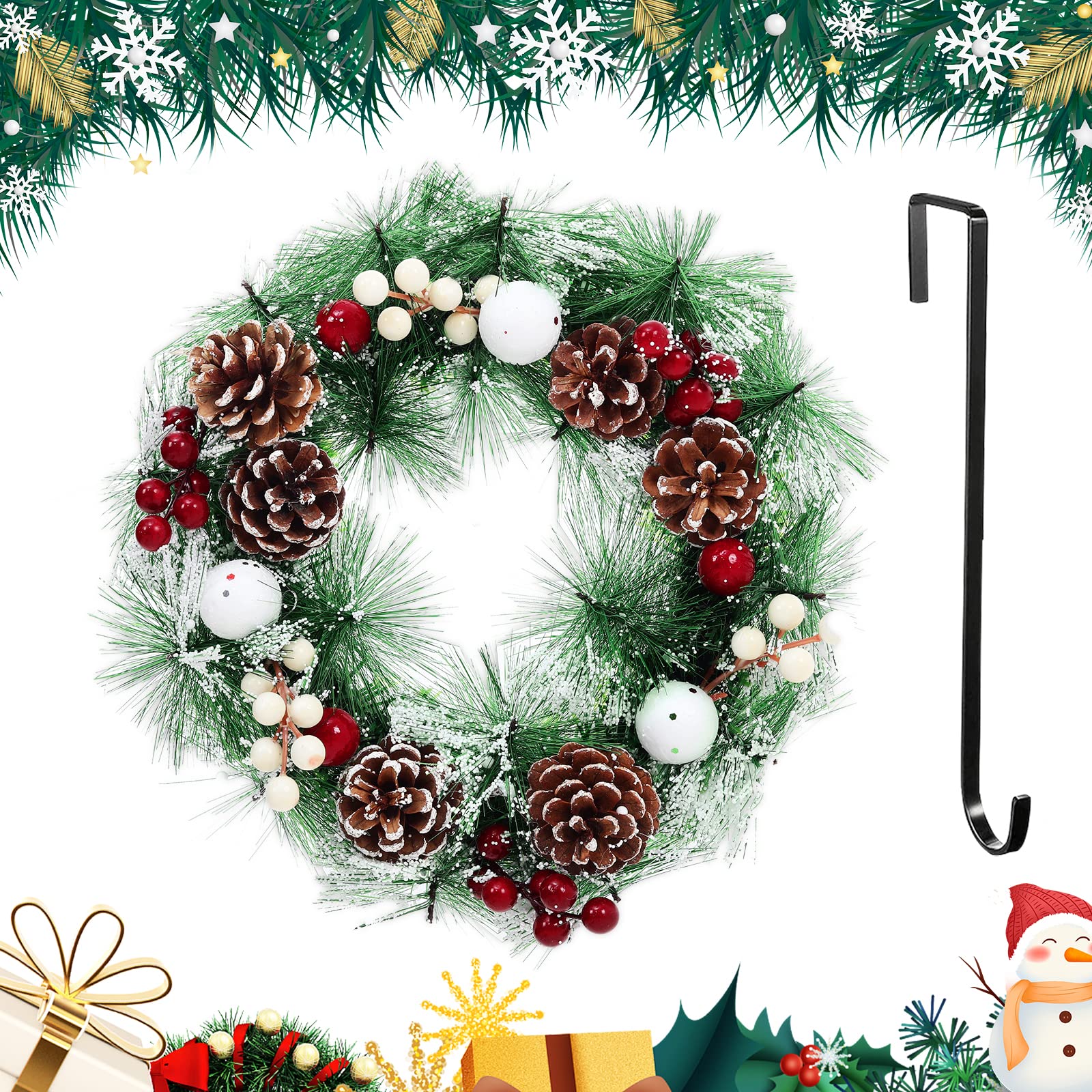 Warmiehomy 32cm Artificial Christmas Wreath with Hanger, Xmas Decoration Front Door Wreath Garland with Pine Cones and Berries for Wall Home Holiday Party Christmas New Year Decor