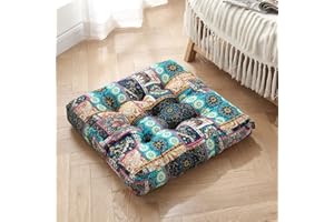 Getmo Resin Meditation Floor Pillow,Large Square Boho Floor Cushion, Mandala Bohemian Floor Pillows Cushion Seating for Yoga Living Room Balcony Office Outdoor Tatami,22x22 Inch,Flowers Green