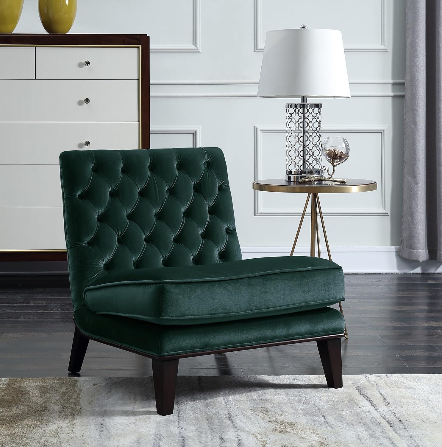 Iconic Home Paris Modern Neo Traditional Tufted Velvet Slipper Accent Chair, Green