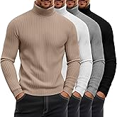 August Alley 4 Pack Men's Ribbed Turtleneck Shirts, Cotton Long Sleeve Slim Fit Mock Neck Tops Lightweight Pullover Sweaters