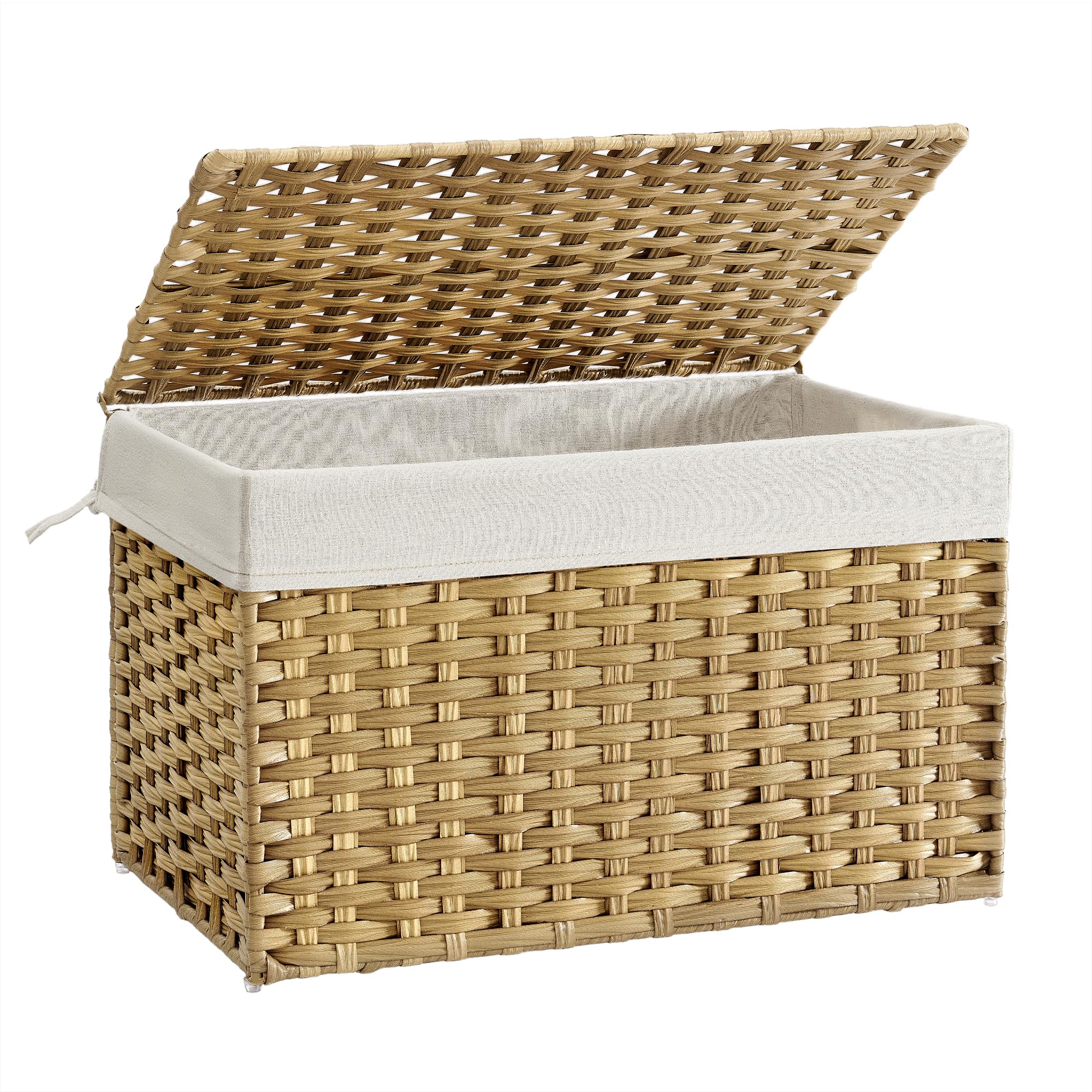 SONGMICS Storage Basket with Lid, 27.7 Gallon (105L) Storage Bin, Woven Blanket Storage Basket with Handles, Foldable, Removable Liner, Metal Frame, for Bedroom, Laundry Room, Natural URST066N01 Image