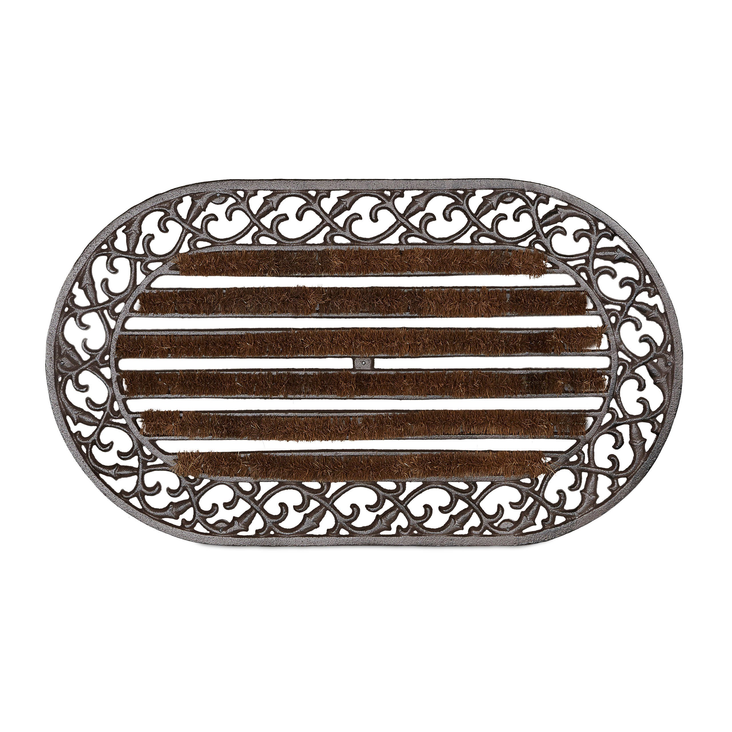 Relaxdays Cast Iron Doormat with Bristles, Oval 4 x 73 x 42 cm, Art Nouveau Rustic Welcome Mat, Bronze