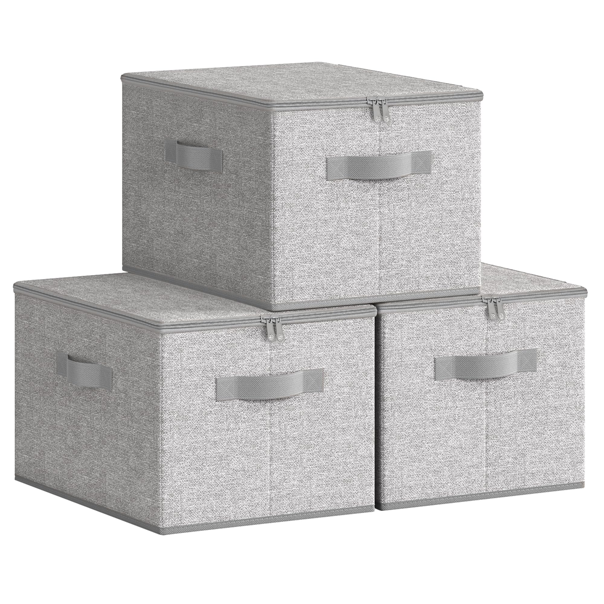 SONGMICS Foldable Storage Organiser Boxes, Storage Basket Bins with Lids, Handles, Clothes Organiser, Non-Woven Fabric, Set of 3, 40 x 30 x 25 cm, Dove Grey RZB003W01