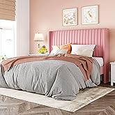 Allewie Full Size Velvet Bed Frame/Vertical Channel Tufted Wingback Headboard/Upholstered Platform Bed/Strong Wooden Slats/No Box Spring Needed/Easy Assembly/Pink