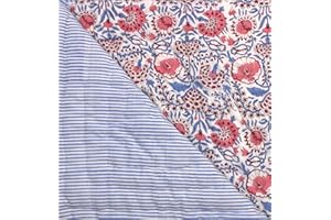 Ridhi Block Print Quilt Pigeon Blue, Flamingo Pink Reversible Throw Blanket 100% Cotton Quilt, Cover for Couch and Bed, Sage Lap Bedding Coverlet, Luxury Oversized Quilted Throw Queen 90" x 96"