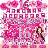 Pink 16th Birthday Decorations for Girls Hot Pink Sweet 16 Birthday Banner Honeycomb Centerpiece Balloons Hanging Swirls Paper Pompoms Sash Kit Sweet Sixteen Bday Party Supplies
