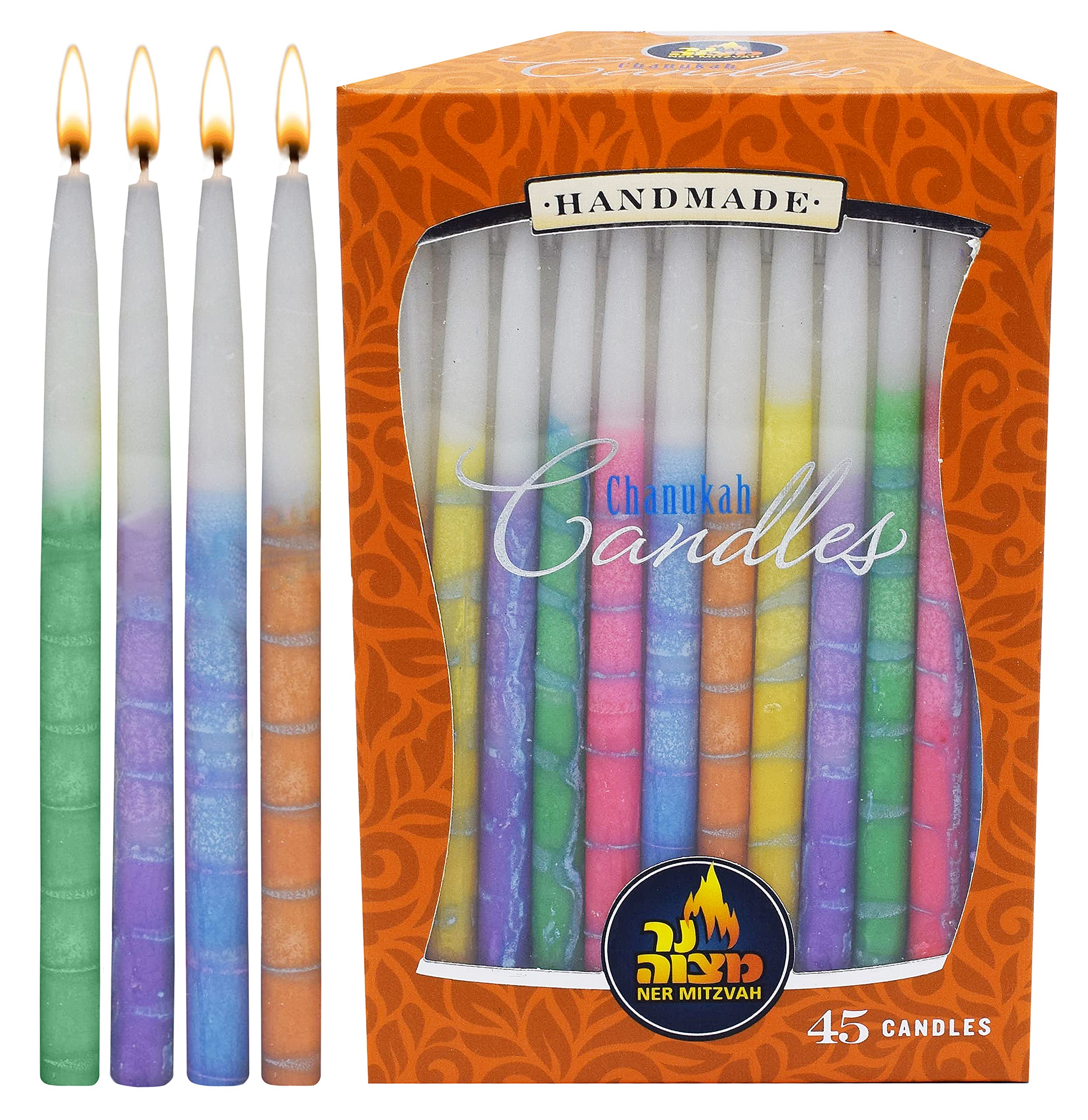 Dripless Chanukah Candles Standard Size - Decorated Multi Colored Hanukkah Candles Fits Most Menorahs - Premium Quality Wax - 45 Count for All 8 Nights of Hanukkah - by Ner Mitzvah