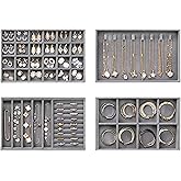 Velvet Jewelry Drawer Organizer Trays – Grey Stackable Jewelry Storage Inserts Set, 4-Layer Jewelry Tray Set for Earrings, Rings, Necklaces, Bracelets with Removable Dividers for Dresser & Vanity
