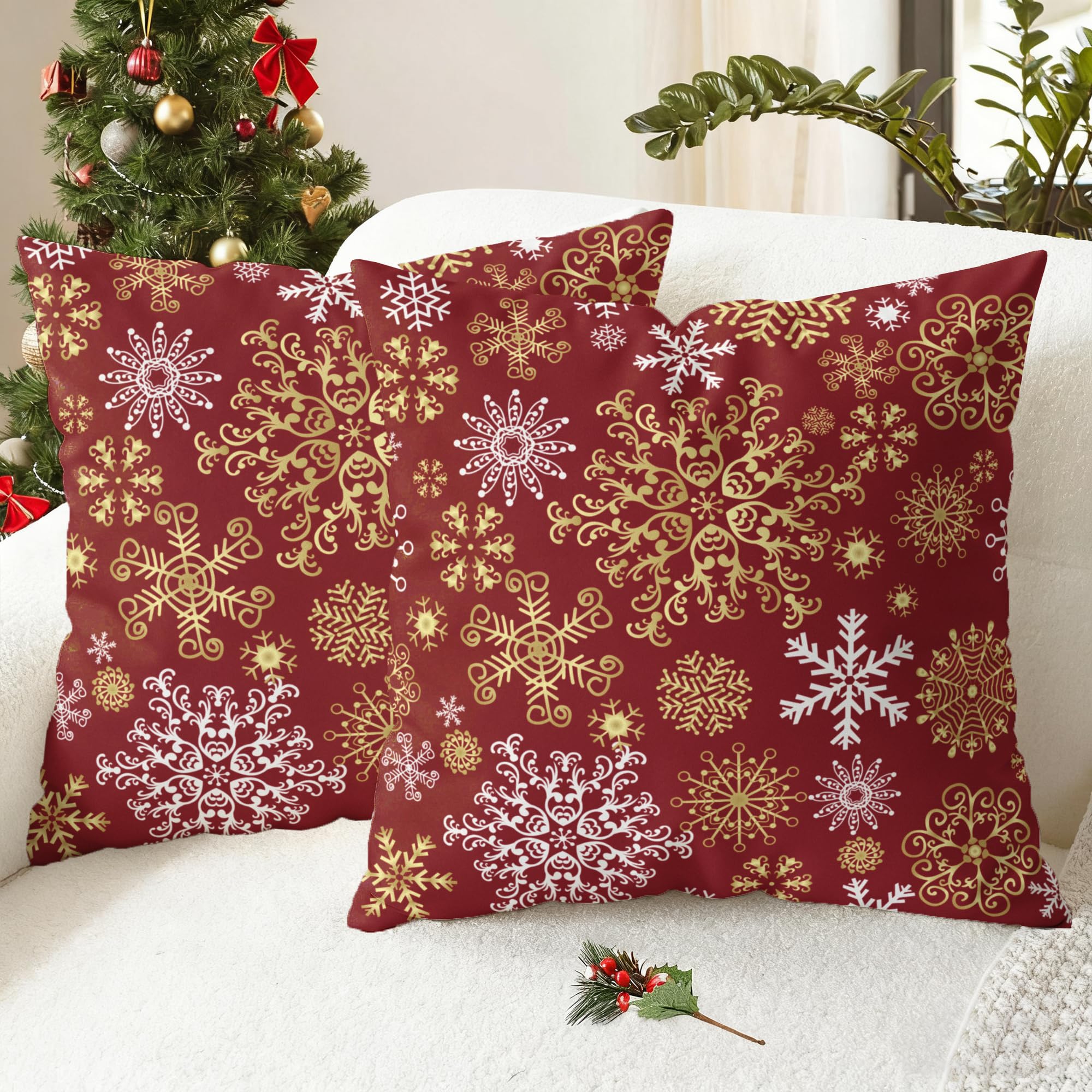 CaliTime Cushion Covers Pack of 2 Cozy Fleece Throw Pillow Cases Covers for Couch Bed Sofa Christmas Snowflakes Both Sides 50cm x 50cm Christmas Red