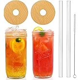 ANOTION Mason Jar with Lid and Straw, 24oz Wide Mouth Cup Reusable Drinking Glasses Tumbler Smoothie Water Bottles for Iced Coffee Margaritas Ice Cream Juice Cocktail Travel Office Home, 2 Packs