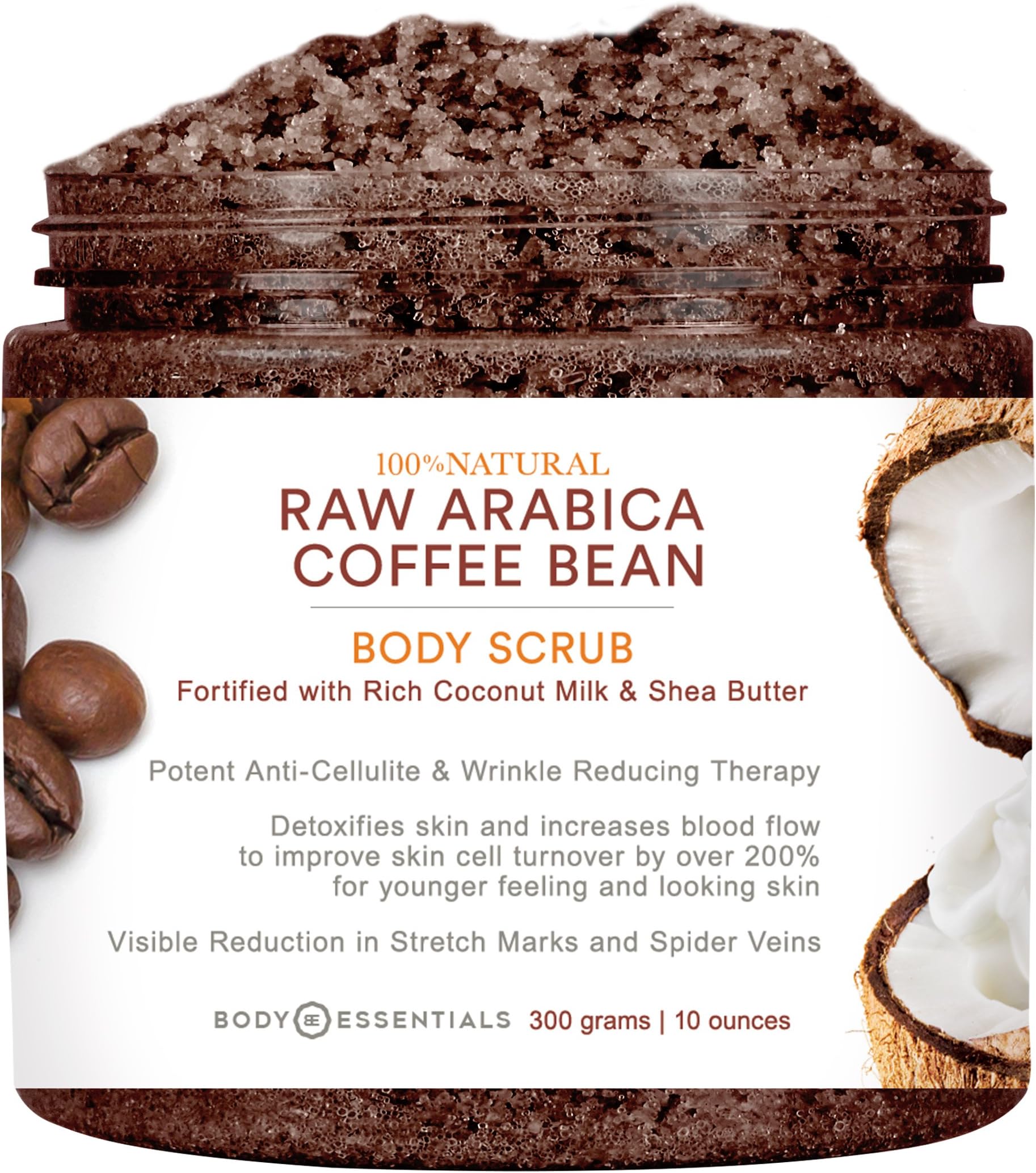 Body Essentials Arabica Coffee & Coconut Milk Scrub - 100% Natural Ingredients - Cellulite and Wrinkle Reduction – Stretch Marks – Spider Veins – Essential Oils - Shea Butter – Vitamin E