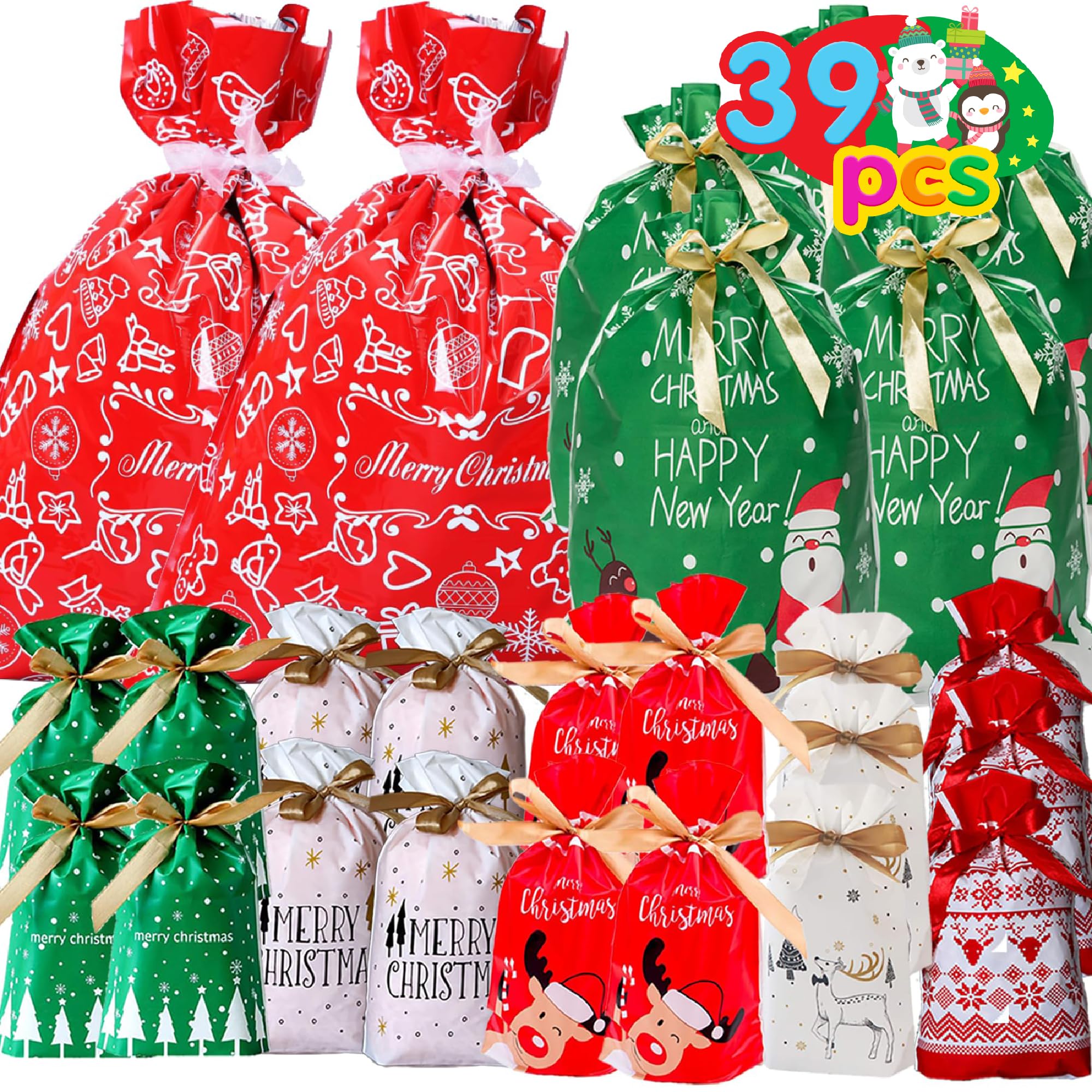 Funnlot Christmas Wrapping Bags, 39 pcs Christmas G-ift Bags for Presents, Christams G-ift Bags with for Presents, Xmas G-ft Assorted Sizes