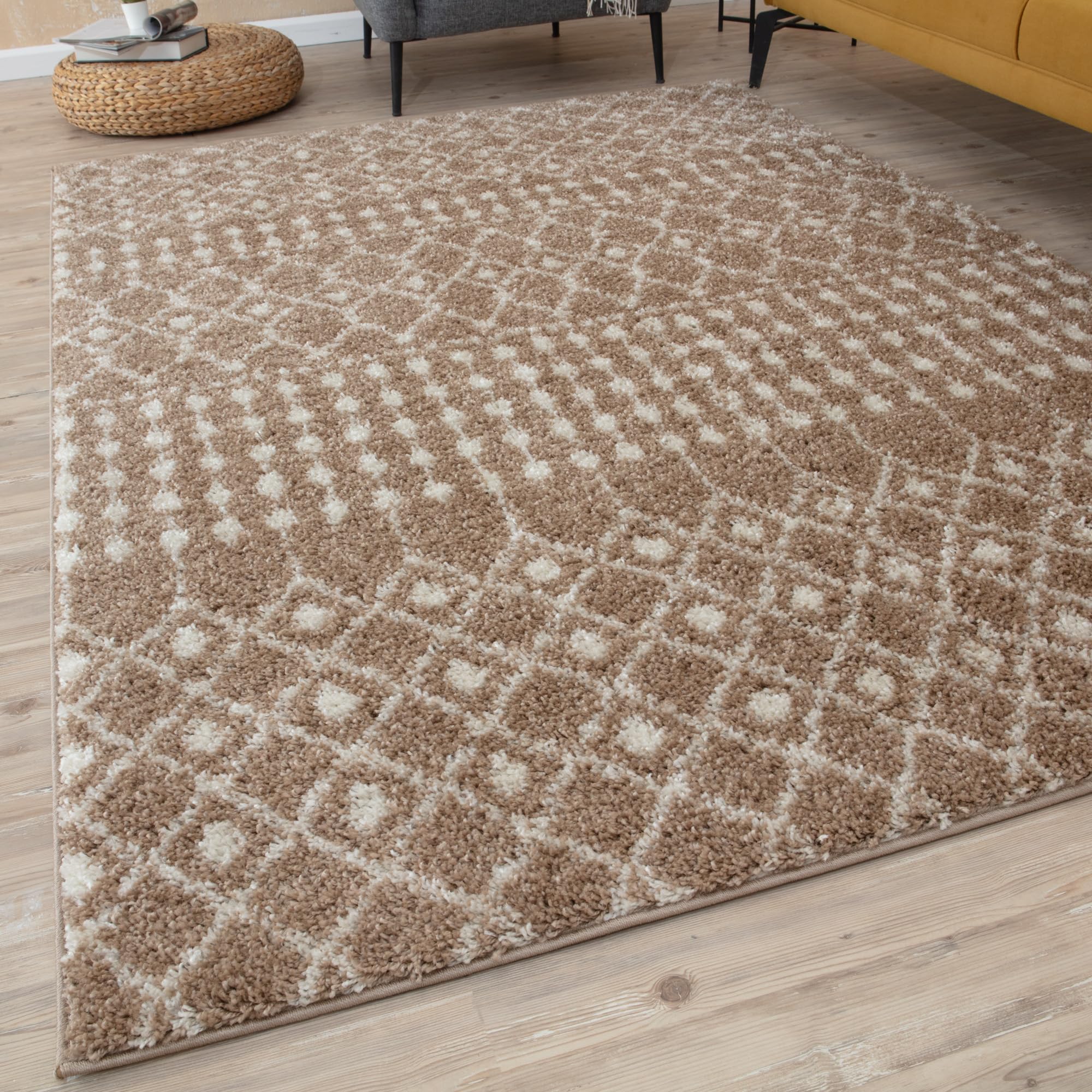 THE RUGS Modern Moroccan Design Living Room and Bedroom Rugs, Non-Shedding & Easy Care (Moroccan Beige/Ivory, 120 cm Square)