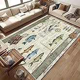 Fishing Living Room Rug 5x7 Cabin Modern Area Rugs, Machine Washable Rug for Bedroom, Low Pile Soft Large Carpet for Dining Room Office Non Slip