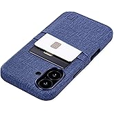 Dockem Card Case for iPhone 16 with Built-in Metal Plate for Magnetic Mounting & 2 Pockets: M2 Luxe Canvas-Style Synthetic Leather Wallet Case (iPhone 16, Blue)