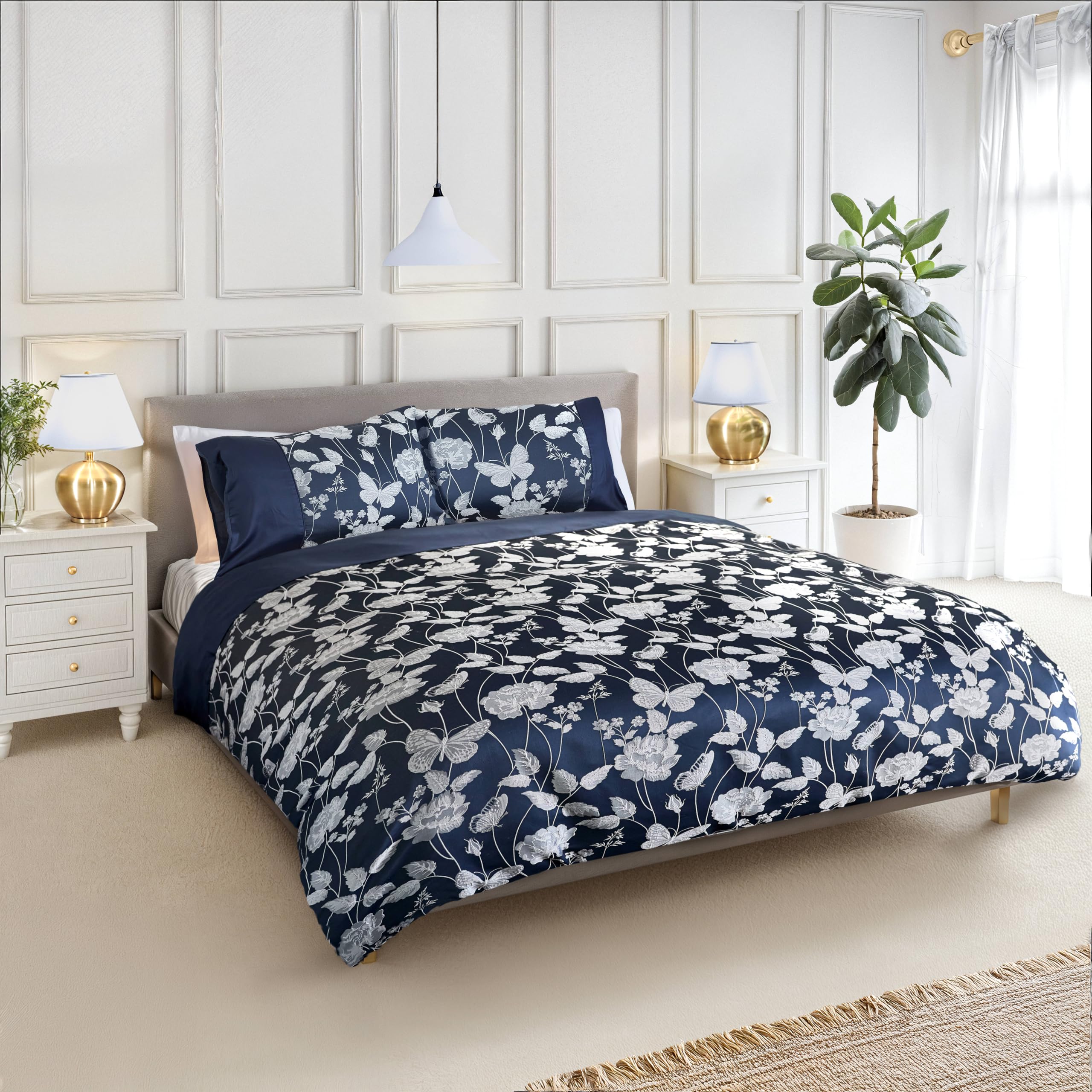 Emma Barclay Butterfly Meadow - Embellished Jacquard Duvet Set in Navy - King