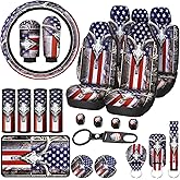 American Flag 25 PCS Patriotic Seat Covers - Skull Camo Car Accessories - 4th of July Steering Wheel Cover, Tire Valve Stem Caps, Cup Holder, Armrest Pad, Seatbelt Pads, Wrist Strap