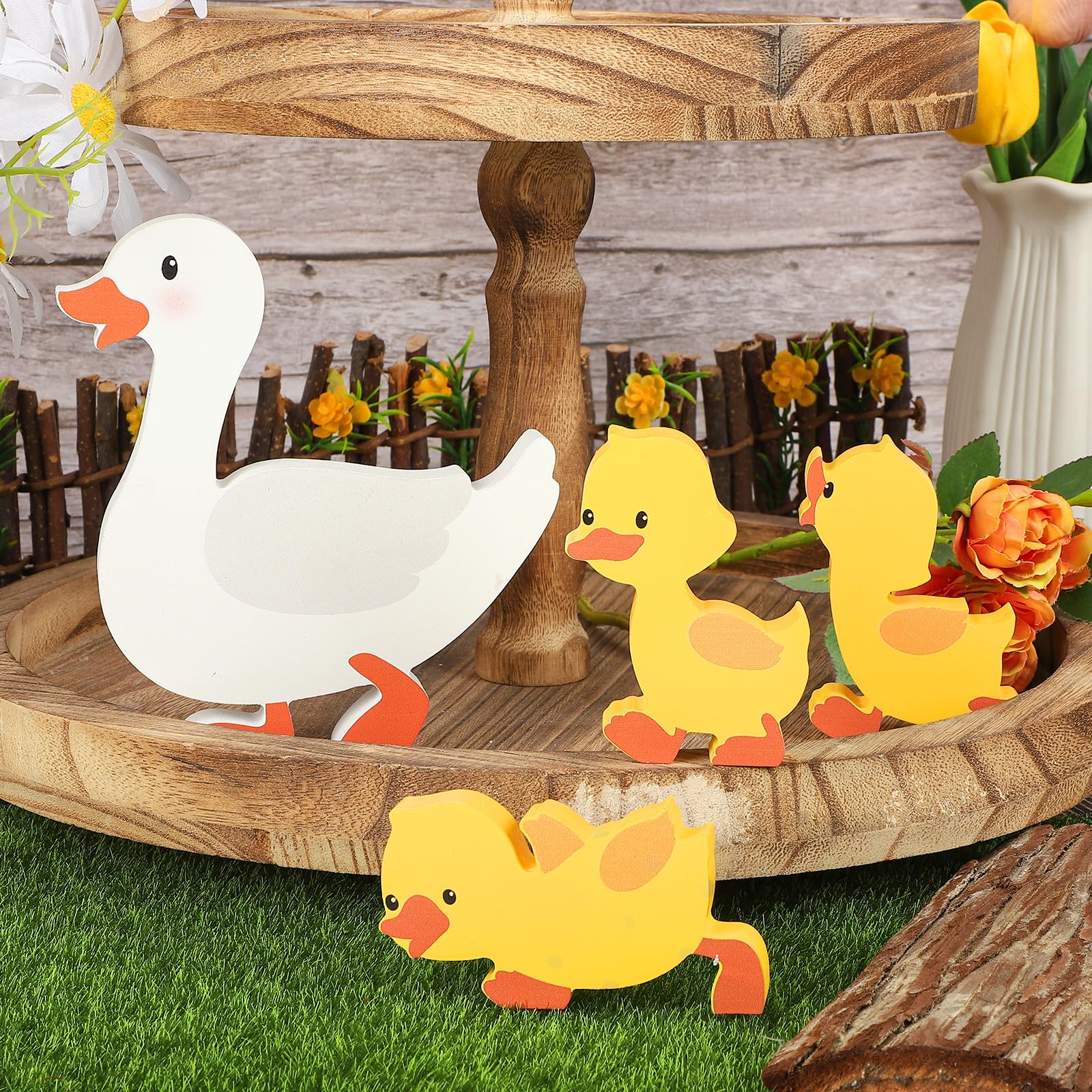 Photo 1 of COCHIE Cute Wooden Ducks Decorations Indoor Set of 4, Farmhouse Tiered Tray Decor, Double Side Mother Duck and Duckling Blocks Decoration for Home Table Desk Door Shelf