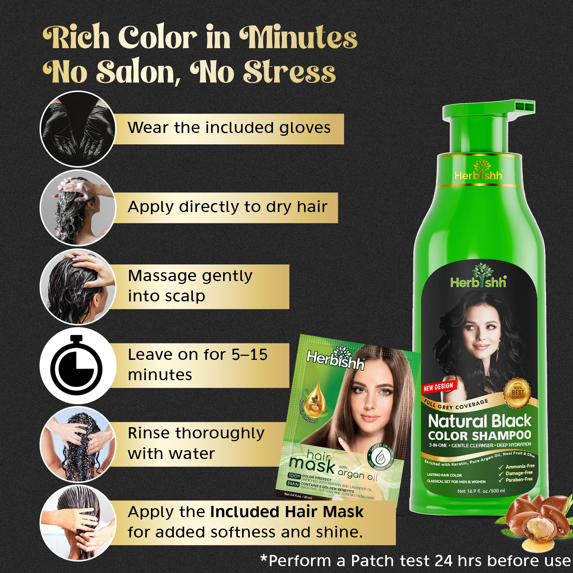 Herbishh Hair Color Shampoo for Gray Hair – Natural Hair Dye Shampoo – Colors Hair in Minutes – Lasts Up To 3-4 Weeks – 500ML – 3-In-1 Hair Color – Colors, Cleanses, and Conditions (Black)