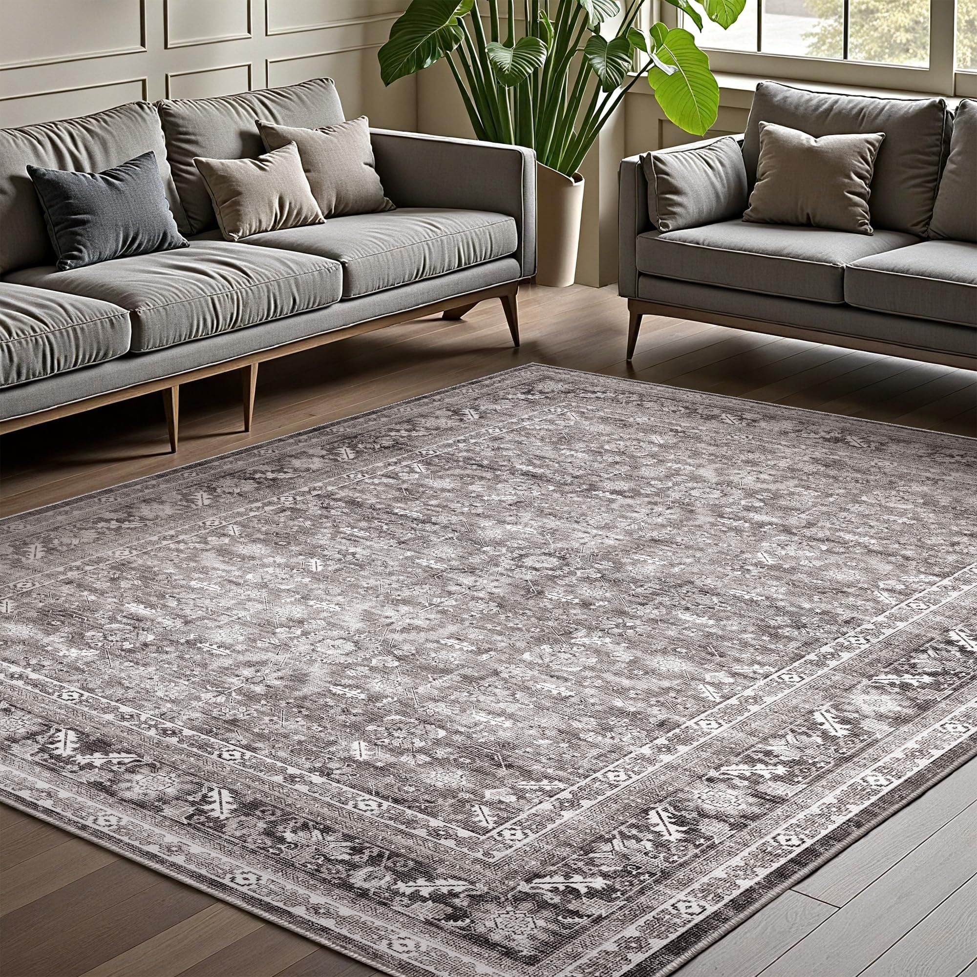 OPPODREAM Thin Vintage Grey Area Rugs 9x12, 9 x 12 Retro Washable Rug Non Slip, Low-Pile Faux Wool Carpet, Distressed Gray Floor Mat for Living Room, Bedroom, Office, Dorm, Dinning Room, Big & Large Image