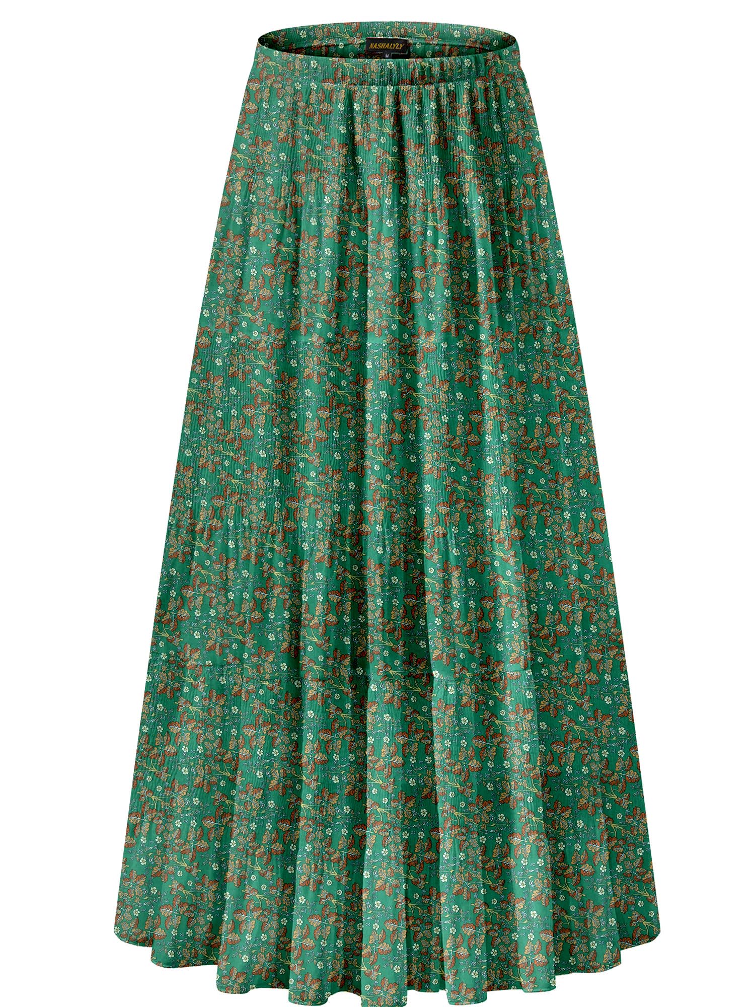 NASHALYLY Women's Chiffon Elastic High Waist Pleated A-Line Flared Maxi Skirts(Green Brown Leaves,XL) Image