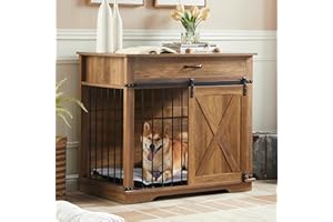 EDYO LIVING 38" Large Dog Crate Furniture with Sliding Barn Door, Wooden Dog Kennel with Drawer for Storage, Water Resistant Indoor Furniture Style Dog Crate for Small/Medium/Large Dog, Rustic Oak