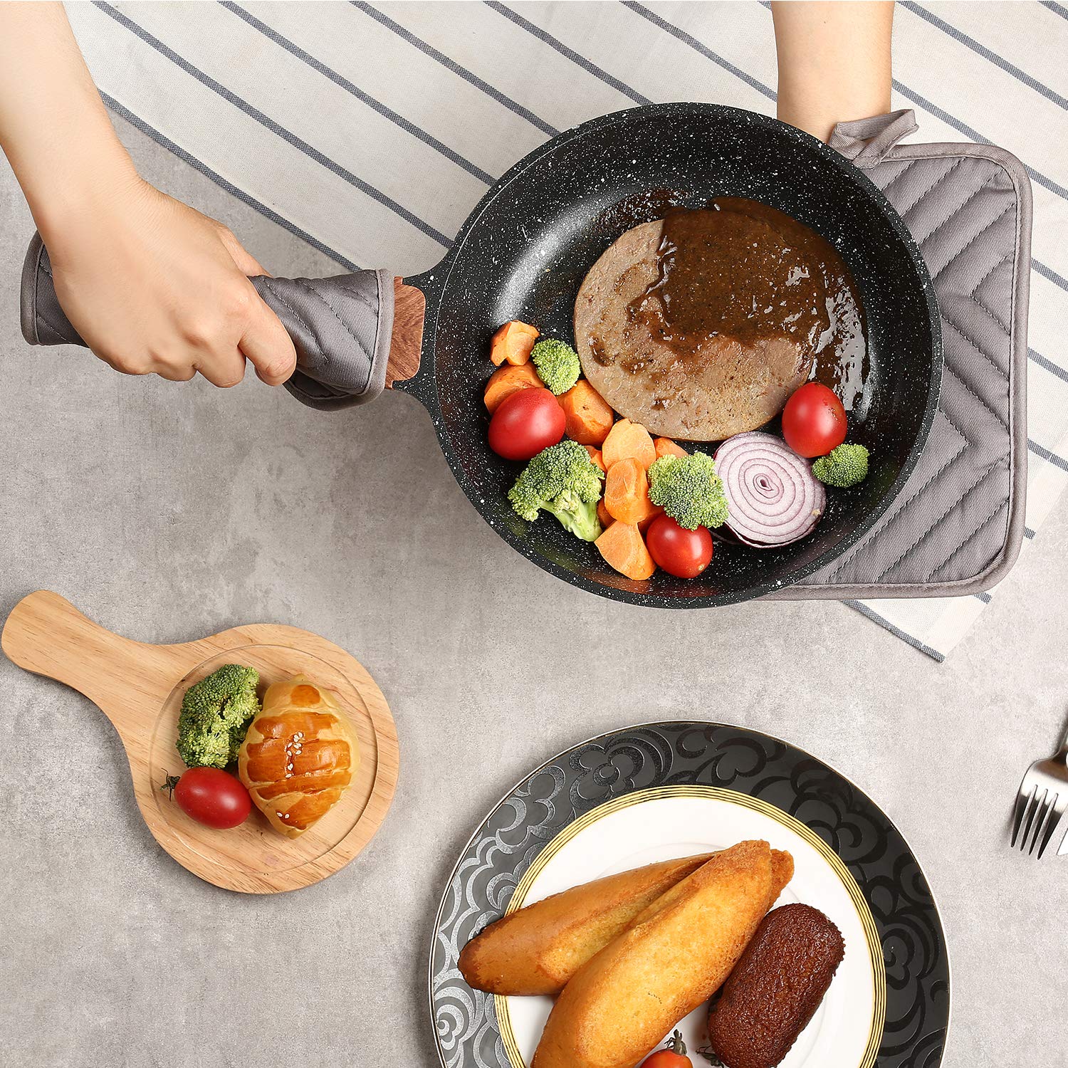 VEIKERY Oven Pot Holder with Pocket 100% Cotton Heat Resistant Coaster Potholder Kitchen Hot Pad Oven Mitts for Cooking and Baking Square Set of 3 7\