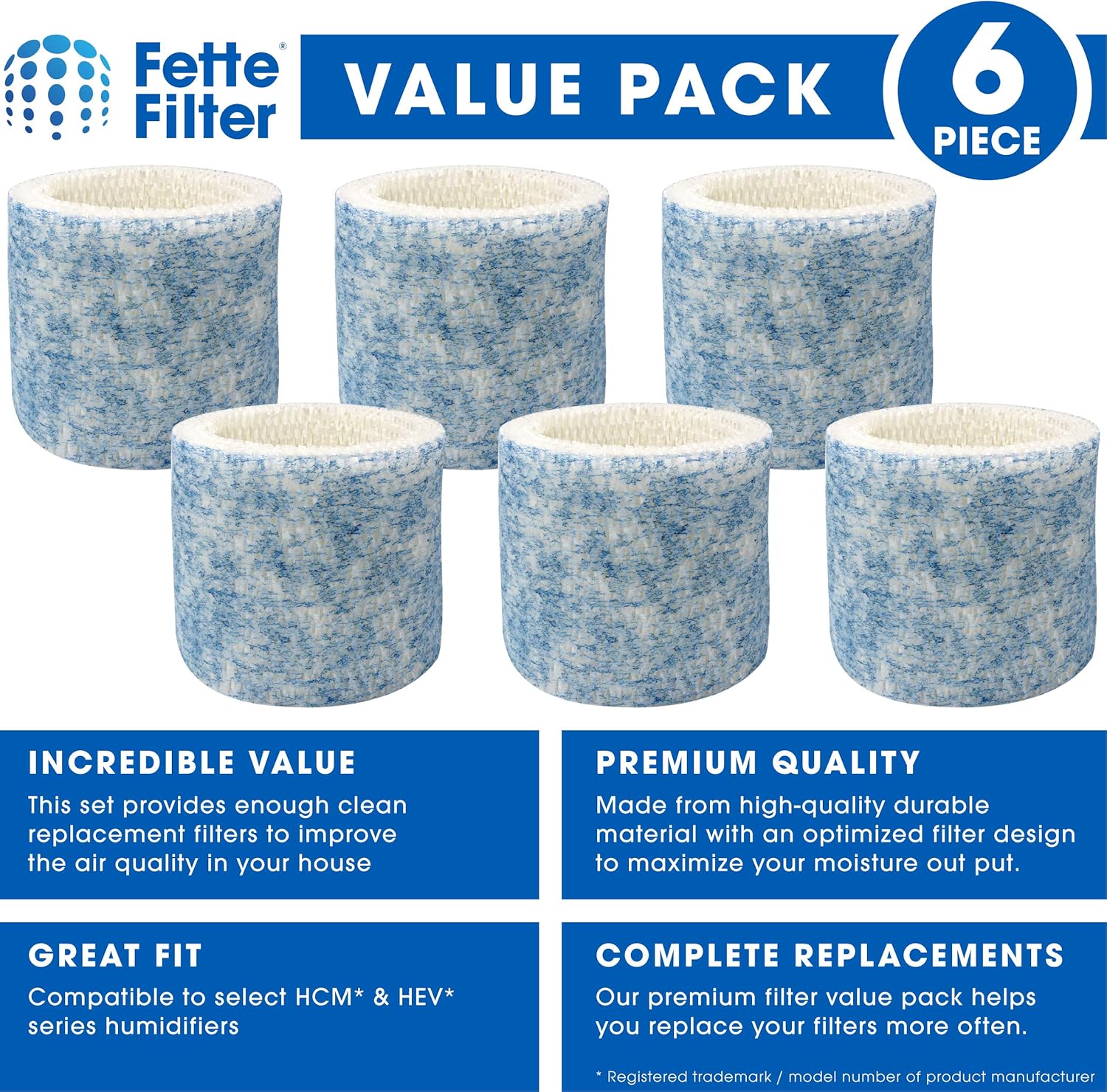 Fette Filter - Upgraded Blue Mesh Treated Layer Humidifier Wicking Filters Compatible with Honeywell HAC-504AW, Filter A for Models HAC-504, HAC-504AW, HCM 350 and Other Cool Mist Models (Pack of 6): Kitchen & Dining