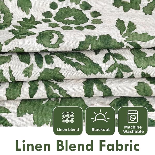 DRIFTAWAY JULIA 100% BLACKOUT LINEN CURTAINS FOR BEDROOM GREEN FLORAL WATERCOLOR PATTERN DOUBLE LAYER THERMAL INSULATED SOUND REDUCING DRAPE FOR LIVING ROOM GROMMET 2 PANELS EACH W52 X L96 LINEN GREEN