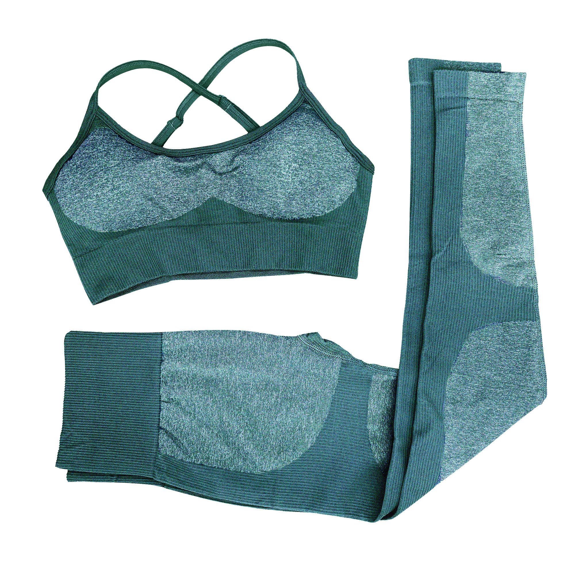 Women 2 Piece Outfits Leggings+Sports Bra Yoga Set Compression Tights Gym Athletic Sweatsuit Activewear Deep Green