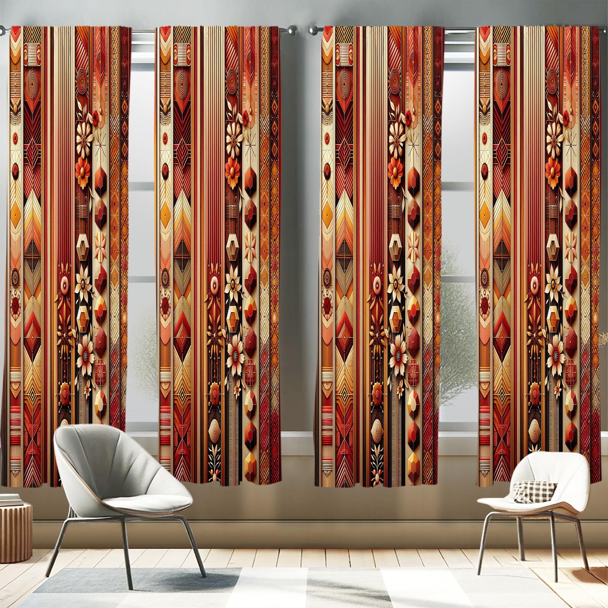 ABAKUHAUS Bohemian Window Curtains Pack of 2, Ethnic Stripes Flowers and Zigzag Geometric Shapes in Warm Colors, Lightweight Set with Rod Pocket, 4 Panels of - 28" x 95", Dark Coral and Burnt Orange