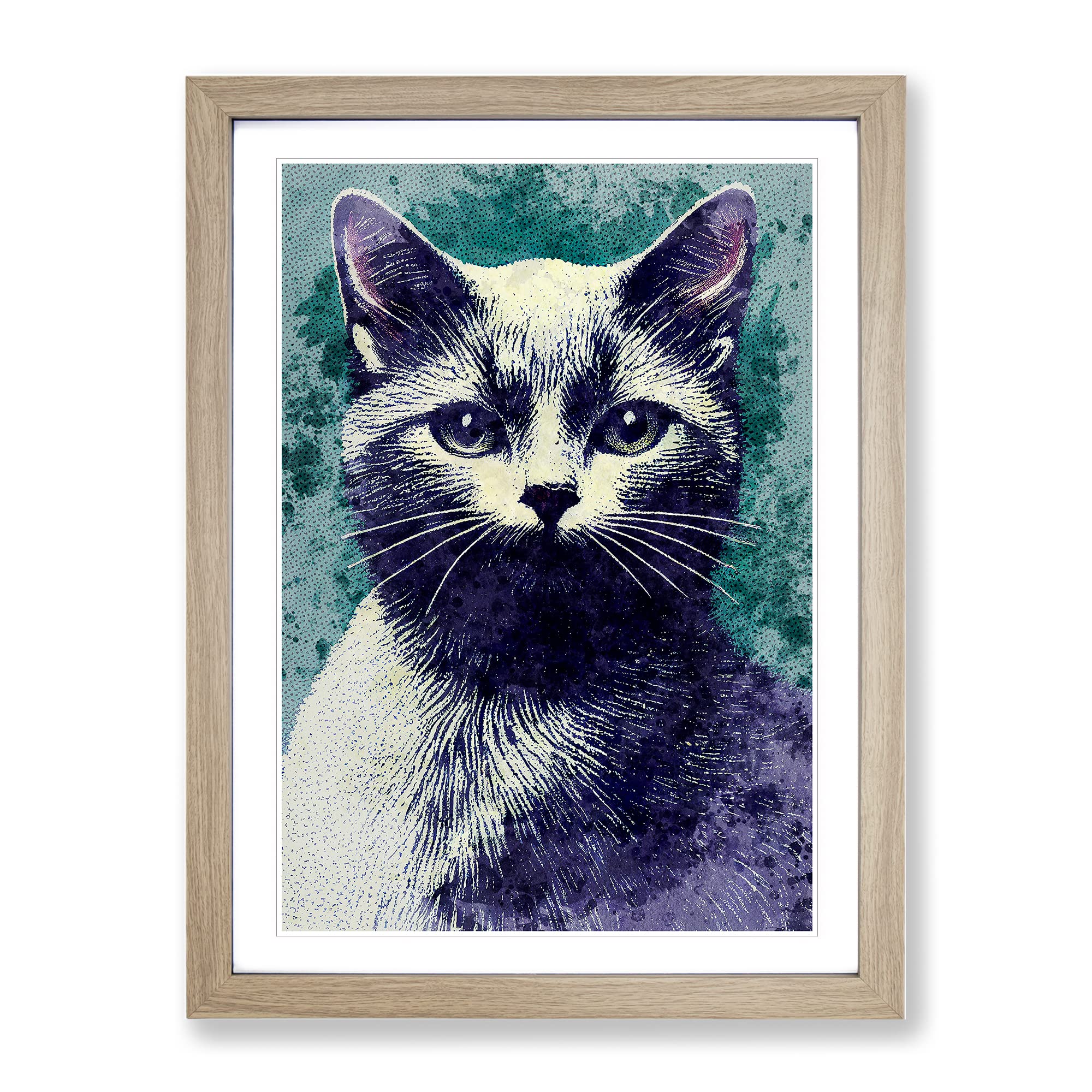 Pretty Cat Framed Print | A4 Oak Framed Wall Art | Ready to Hang | Modern Animal Picture | Living Room Bedroom Lounge Office