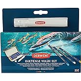 Derwent Inktense Wash Set, Set includes 8 Inktense Pencils, 1 Spritzer, 1 Waterbrush, 1 Paint Brush, Premium 4mm Round Core, Watersoluble, Use on Paper or Fabric, Professional Quality (2302584)