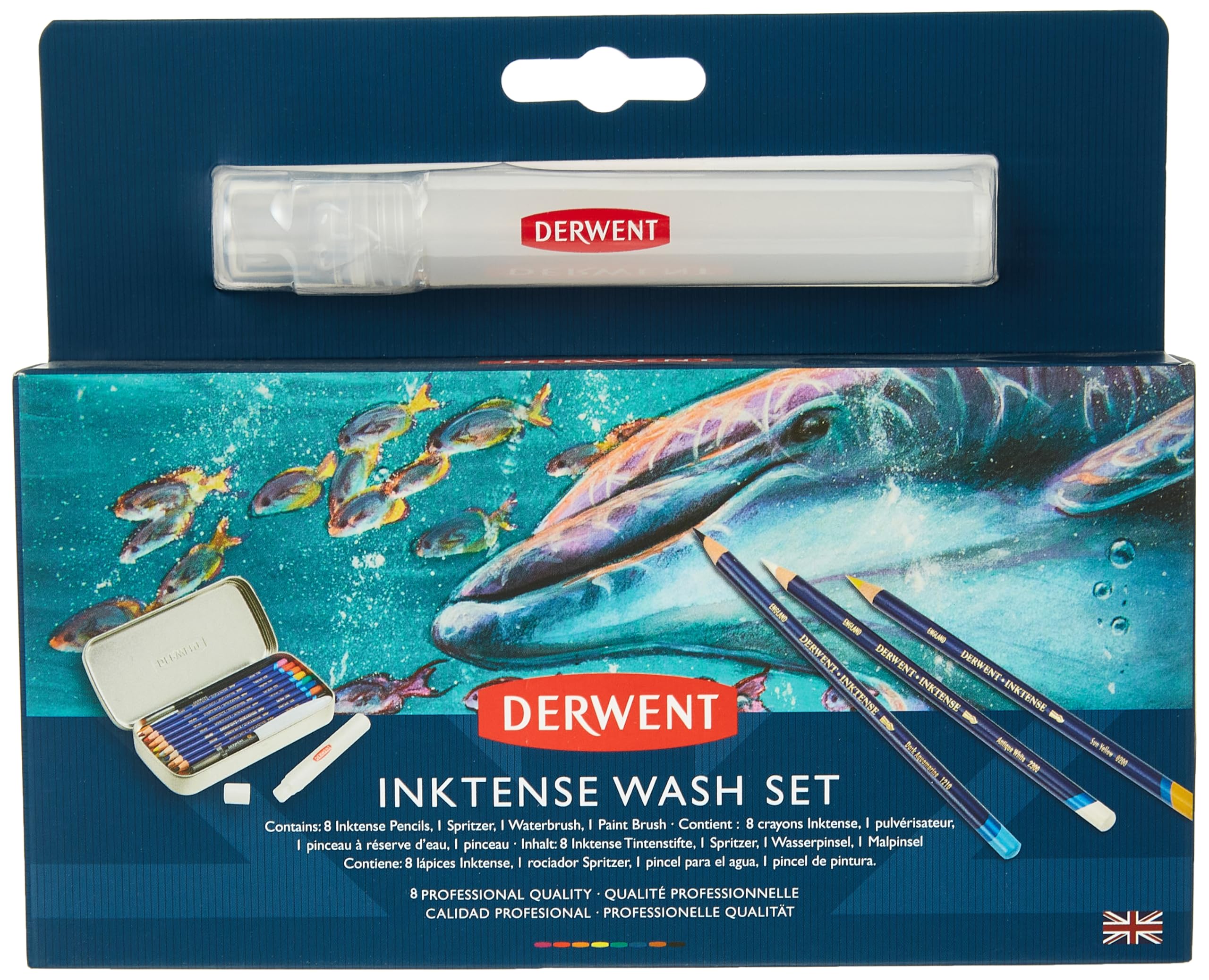 Derwent Inktense Wash Set, with 8 Watercolour Pencils, Spritzer, Water Brush & Paintbrush in Tin, Water-Soluble, for Drawing, Colouring or Painting on Paper & Fabric, Professional Quality (2302584)